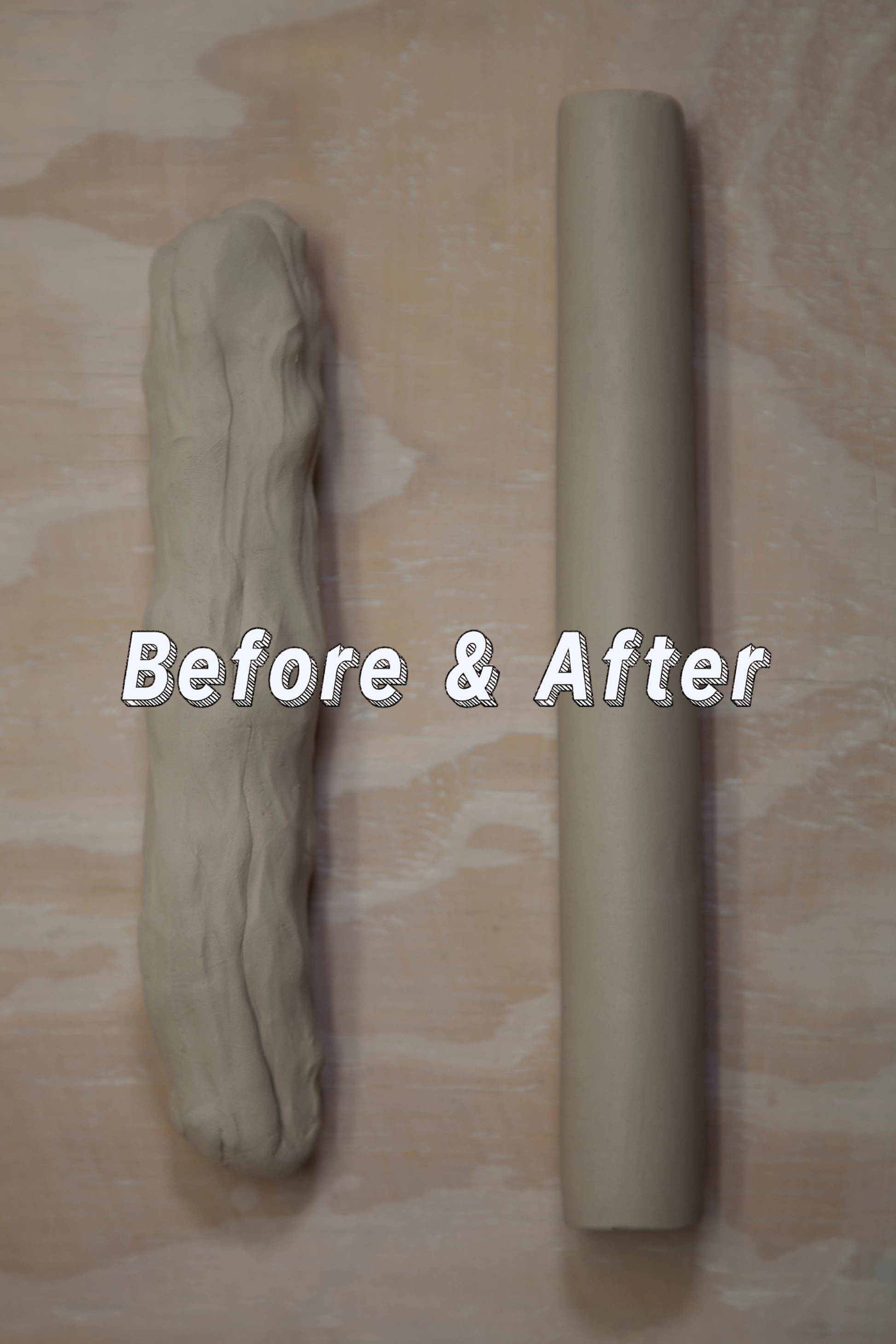 Before and after comparison of clay coils created with the Coil Roller 2.0. The 'before' shows uneven, hand-formed coils, while the 'after' displays perfectly even coils made with the tool.